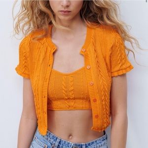 Zara Orange Cable-knit Short Sleeve Cropped Cardigan